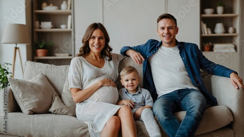 Happy Family Portrait with Expecting Mother and Young Child Relaxing on Sofa at Home