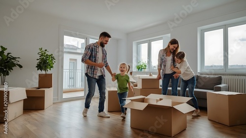Family Unpacking Boxes and Enjoying Quality Time Together in a Bright New Living Room