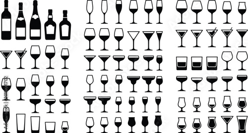 Photography Mega collection of black minimalist alcohol drink glassware and bottle vector icons featuring wine, champagne, cocktail, beer, and liquor glasses isolated on white background