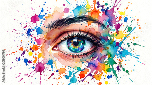 Human eye with colorful watercolor paint splatters
