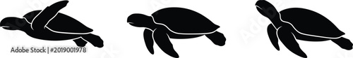 Foto Set of black sea turtle vector silhouettes in various swimming poses including diving and gliding for marine conservation, ocean wildlife, and environmental aquatic design