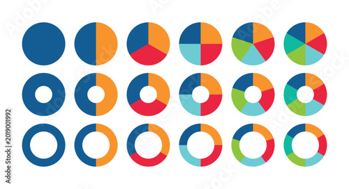Pie chart set. Colorful diagram collection with 2,3,4,5,6 sections or steps. Infographic pie chart set. Flat process cycle. Progress sectors. 