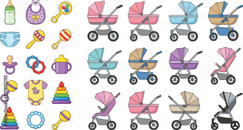 Photos Large collection of baby care vector illustrations featuring colorful strollers, prams, feeding bottles, pacifiers, bibs, rattles, and nursery toys isolated on white background for newborn design