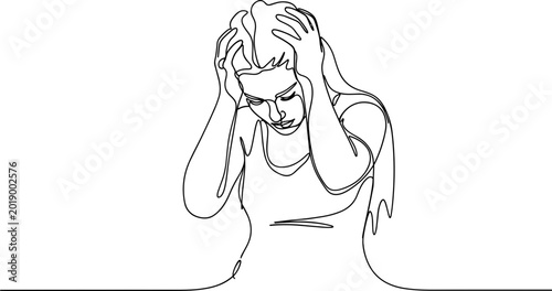 Photos Anxious Woman Holding Head in Continuous Line Art Style