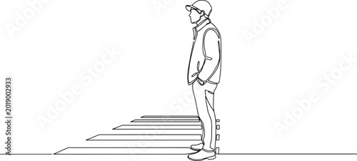 Man standing on crosswalk, minimalist line art, side view, urban scene
