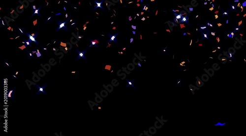 Vibrant multi color confetti falling from top to bottom on black background, colorful square glitter rain for party celebration wedding and grand opening festive motion graphics overlay video element