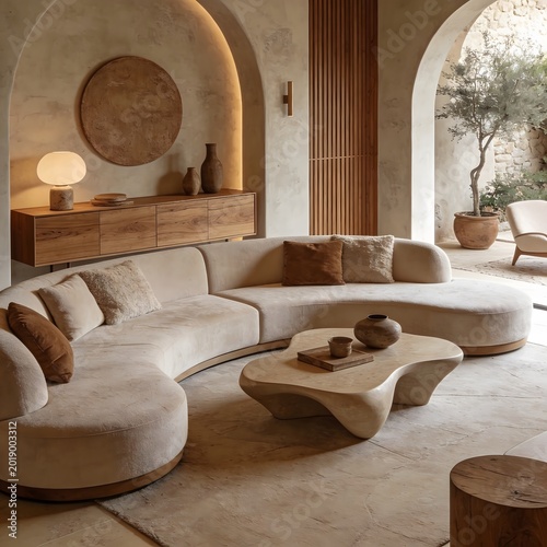 Living room with curved sofa and organic coffee table in a Mediterranean-style home