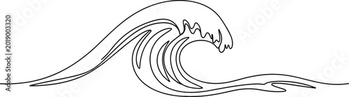 Minimalist line art wave, simple black outline drawing of a breaking ocean wave