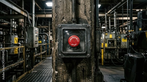 Industrial emergency stop button in a factory setting