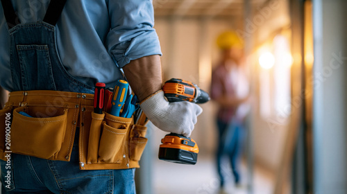 Home repair and renovation service worker installing fixtures, handyman concept, residential construction, DIY professional, tool belt and workwear, faceless, back view, defocused
