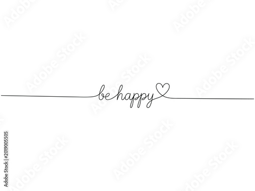 Line drawing with be happy text and heart minimalist black on white high-quality professional detailed