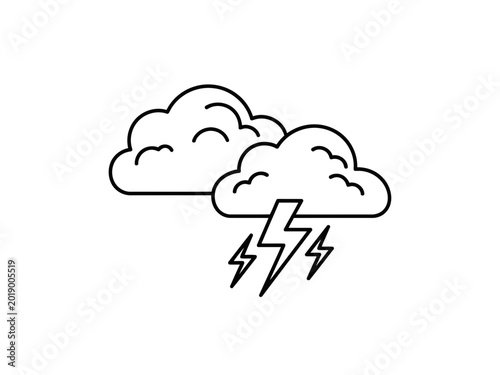 A very fine and smooth black line drawing of perfect storm clouds with three different lightning bolts