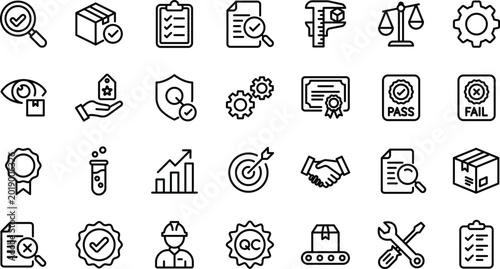 Quality control and industrial inspection line icons set for business