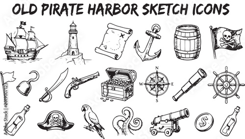 Tableau sur toile Old pirate harbor sketch icon set