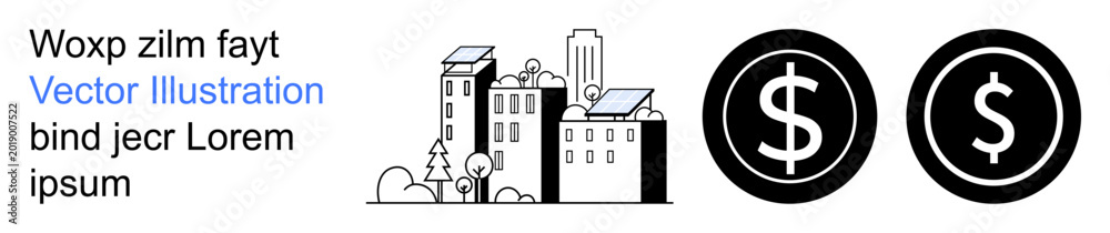 Obraz premium Renewable energy, urban development, environmental sustainability, clean technology, economic growth, green cities. A cityscape with solar panels and dollar symbols. Urban development and renewable