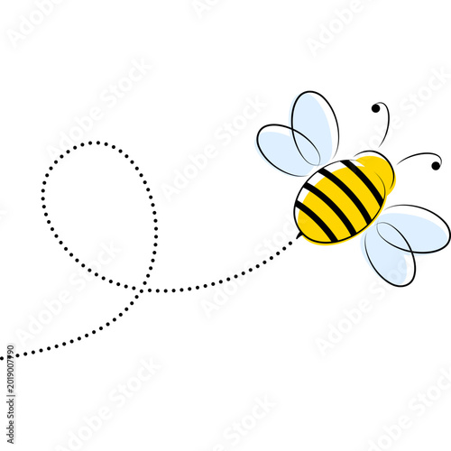 Cute hand drawn flying bee with dotted path. Adorable insect character.
