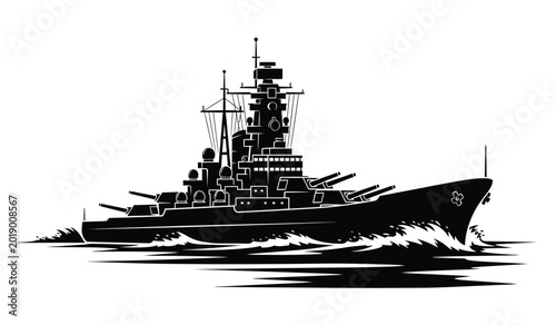 Картината върху платно Detailed black silhouette of a battleship sailing on waves with a white backgrou