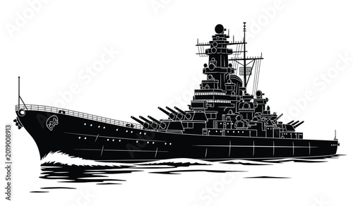 Fotografie Detailed black silhouette of a battleship at sea with water wake isolated on a w
