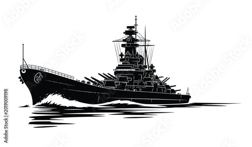 Konstfotografi Detailed black silhouette of a battleship sailing on water with waves isolated o