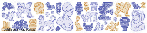 Greek ancient vector statue. Greece art with column, vase, statue and mythology sculpture. Antique illustration set. collage icon of Roman and Greek museum vintage element. Ancient hand drawn logo bg