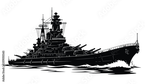 Canvastavla Detailed black silhouette of a battleship at sea with waves isolated on a white