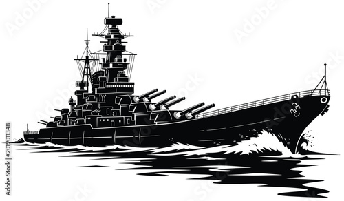 Картината върху платно Detailed black silhouette of a battleship at sea with waves isolated on a white