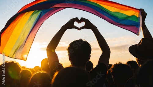 Person making a heart gesture beneath a rainbow flag at sunset during an lgbtq pride celebration.