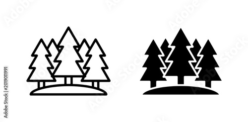 Konstfotografi Forest Icons, Evergreen Trees, Nature Landscape, Pine Wood Silhouette, Vector Gr