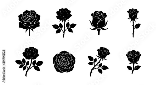 Photography Black Rose Silhouettes Vector Set, Elegant Floral Icons, Romantic Flower Graphic