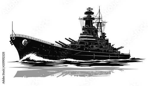 Valokuva Detailed battleship silhouette on water with reflection black and white graphic