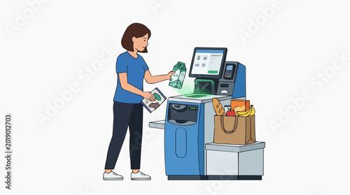 Woman depositing money into a blue selfservice kiosk machine