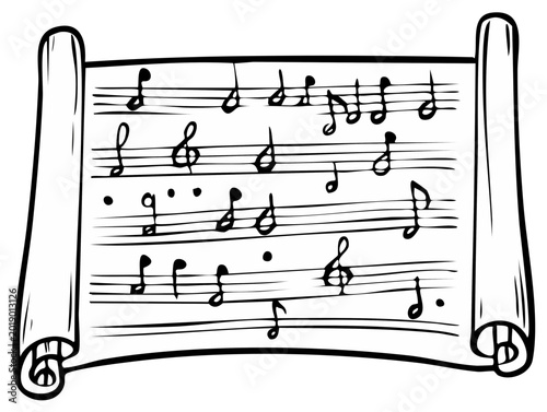 Musical notes on scroll graphic, illustrating music scores and ancient manuscripts, representing melody, rhythm, and cultural arts, in sketch style.