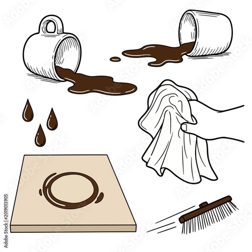 Fotografie Illustration of cleaning up spilled coffee and drops on surface with cloth and broom
