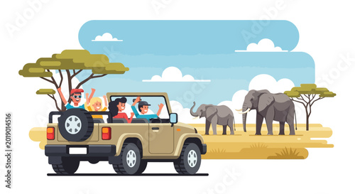 People on a safari adventure in a jeep observing elephants in the wild.