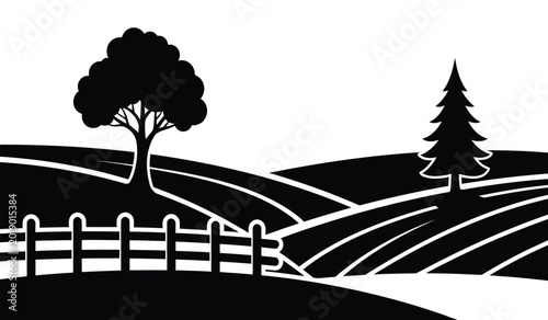 Canvastavla Scenic landscape with trees rolling hills and a picket fence in black silhouette