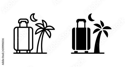 Foto Travel Icons: Suitcase, Palm Tree, Moon, Night Sky