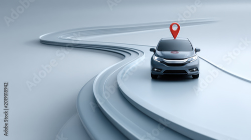 Modern silver car positioned on a winding road with a location pin icon, representing navigation and travel concepts in a minimalist setting