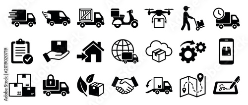 Obraz na płótnie Collection of black delivery and logistics icons representing shipping, transpor