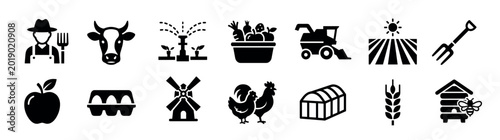 Bild auf Leinwand Set of black farm and agriculture icons featuring a farmer, cow, harvester, wind