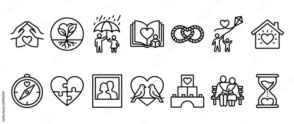 Fototapeta premium Collection of love and relationship icons in a simple black outline style depicting family, marriage, care, support, romance, and lifelong commitment