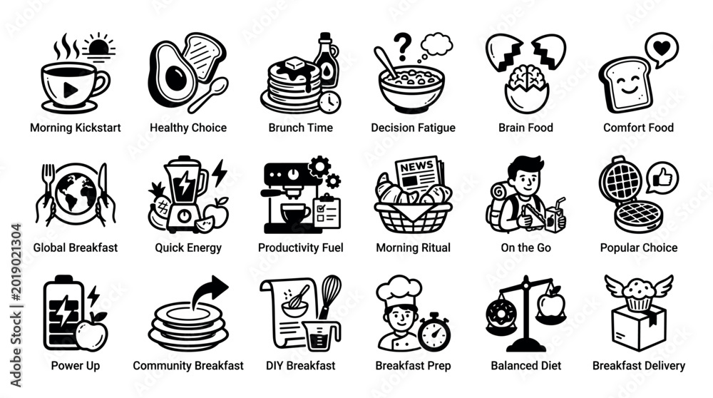 Fototapeta premium Set of eighteen black and white breakfast icons representing morning routines, healthy choices, brunch, and various food items like coffee and pancakes in a clean line art style
