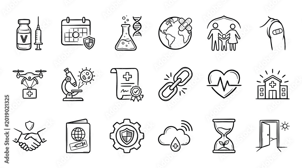 Fototapeta premium Hand-drawn vaccination and healthcare icon set illustrating concepts of global pandemic response, medical research, protection, and future hope in a doodle sketch style