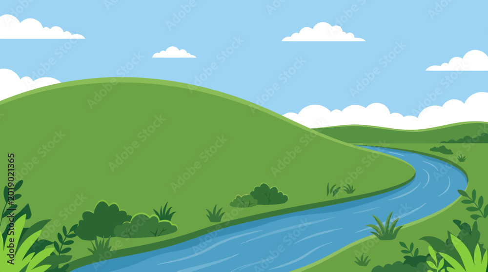 Obraz premium Winding River, Green Hills, Landscape Vector, Nature Scene, Illustration