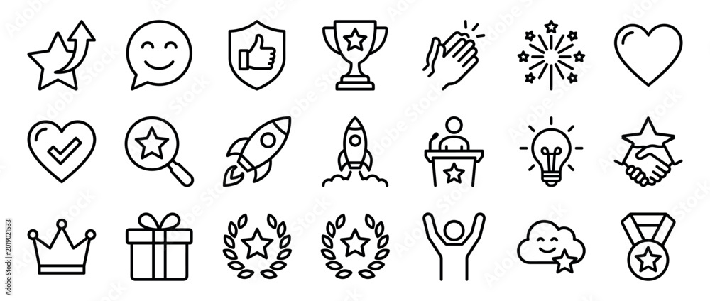Fototapeta premium Large set of black outline icons for success and achievement, featuring a trophy, medal, rocket, laurel wreath, and other symbols for rewards, feedback, and business growth