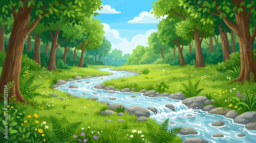 idyllic forest landscape, serene river scene, green trees, rocky stream