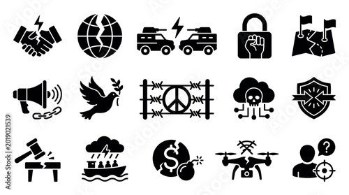 Tableau sur toile Set of black solid style icons illustrating concepts of war, global conflict, so