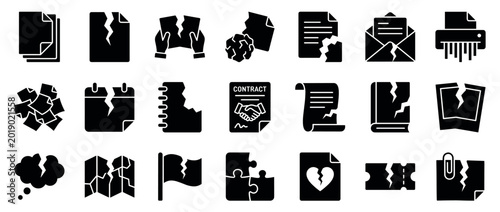 Cuadro en lienzo Black solid glyph icon set illustrating torn paper, broken contracts, shredded d