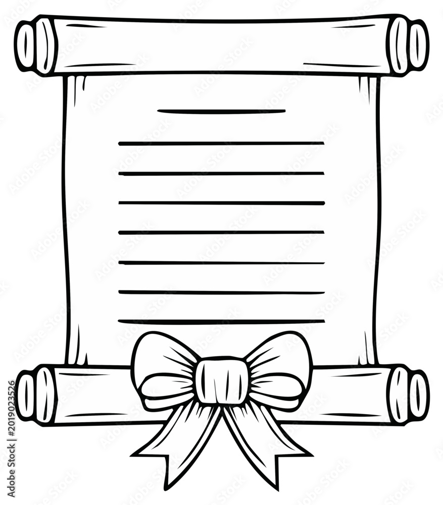 Fototapeta premium Blank Scroll Document With Bow Ribbon Isolated Outline Drawing