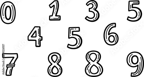 Hand-drawn cartoon numbers 0-9, educational, playful, isolated on white background