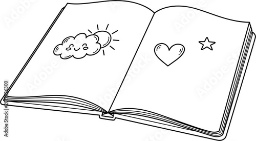 Open Sketchbook with Hand-Drawn Sun, Cloud, Heart, and Star Icons